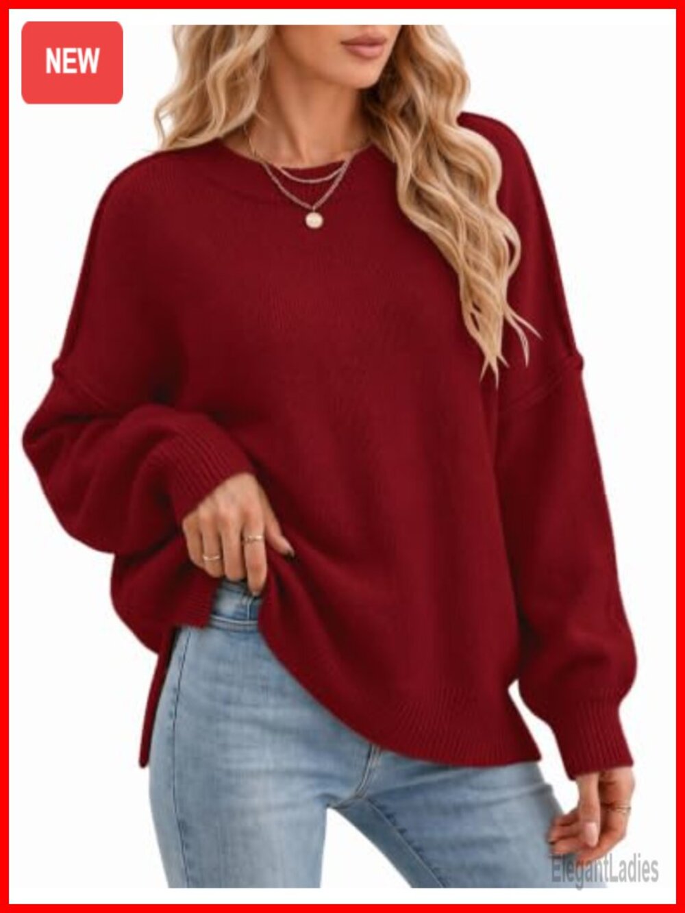 Womens Oversized Batwing Sweater Crew Neck Knit Pullover Top